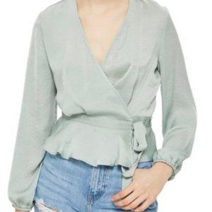Topshop Green Satin Wrap Blouse